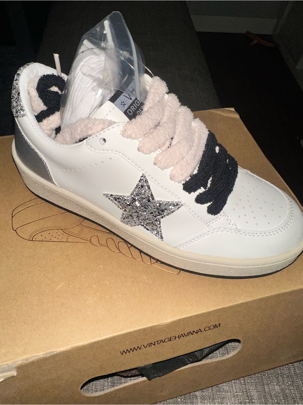 Vintage Havana Noah White&Silver Glitter Star Mix Low-Top Leather Sneakers - NIB